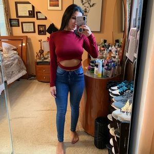 Burgundy Jersey Open Front Longsleeve Crop Top